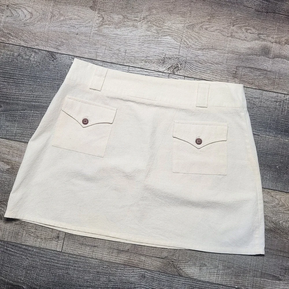Mini Skirt Womens M Cream Textured Cotton A Line Pockets Coastal Western Cottage
